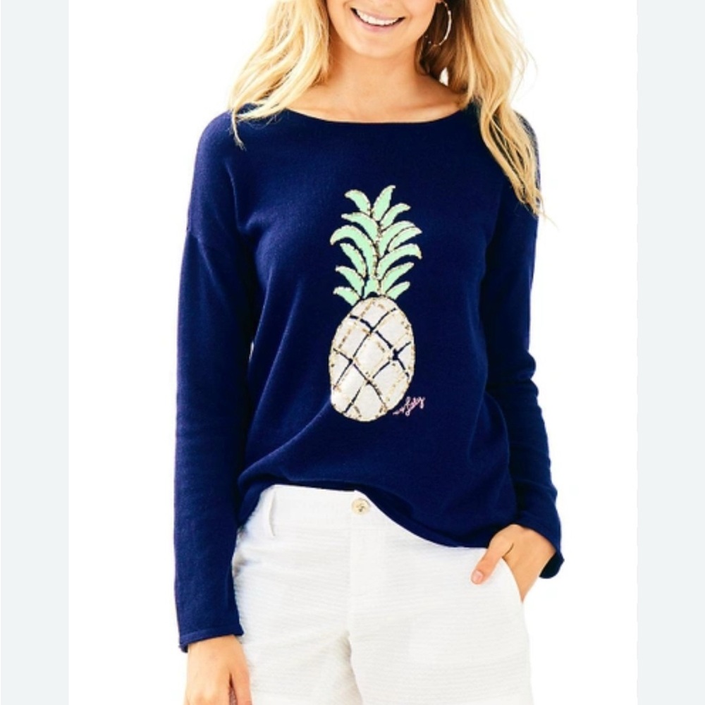 Lilly Pulitzer Navy Long Sleeve Tee with Pineapple Design